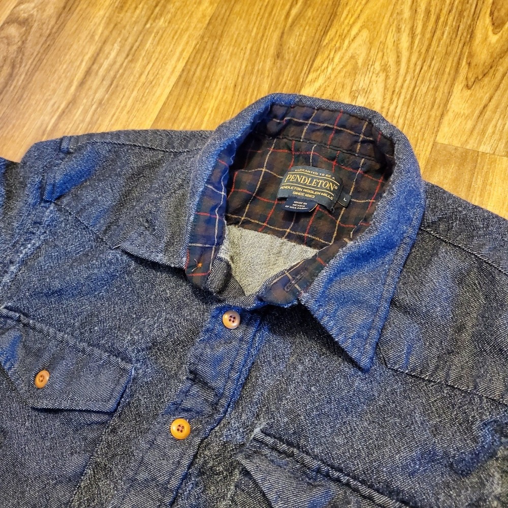 Pendleton Western Shirt Boys Large Blue‎ Denim Plaid Lined Button Up